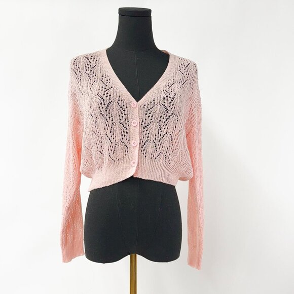 VINTAGE STYLE BABY PINK BUTTON UP CROPPED SEWATER LACE SHEETR COTTON - Picture 4 of 9